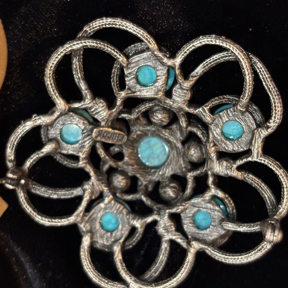 Chico's Brooch Pin Faux Turquoise Amber Color Crystal Rhinestone Silver Tone - Picture 3 of 3